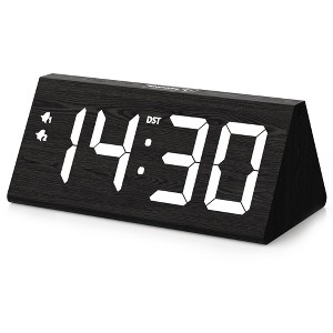 Aoibox Wooden Digital Alarm Clock with Dual USB Ports, DST, Dimmable Display, Snooze, Large LED Time for Bedroom, Desk, Nightstand (Black) - 1 of 4
