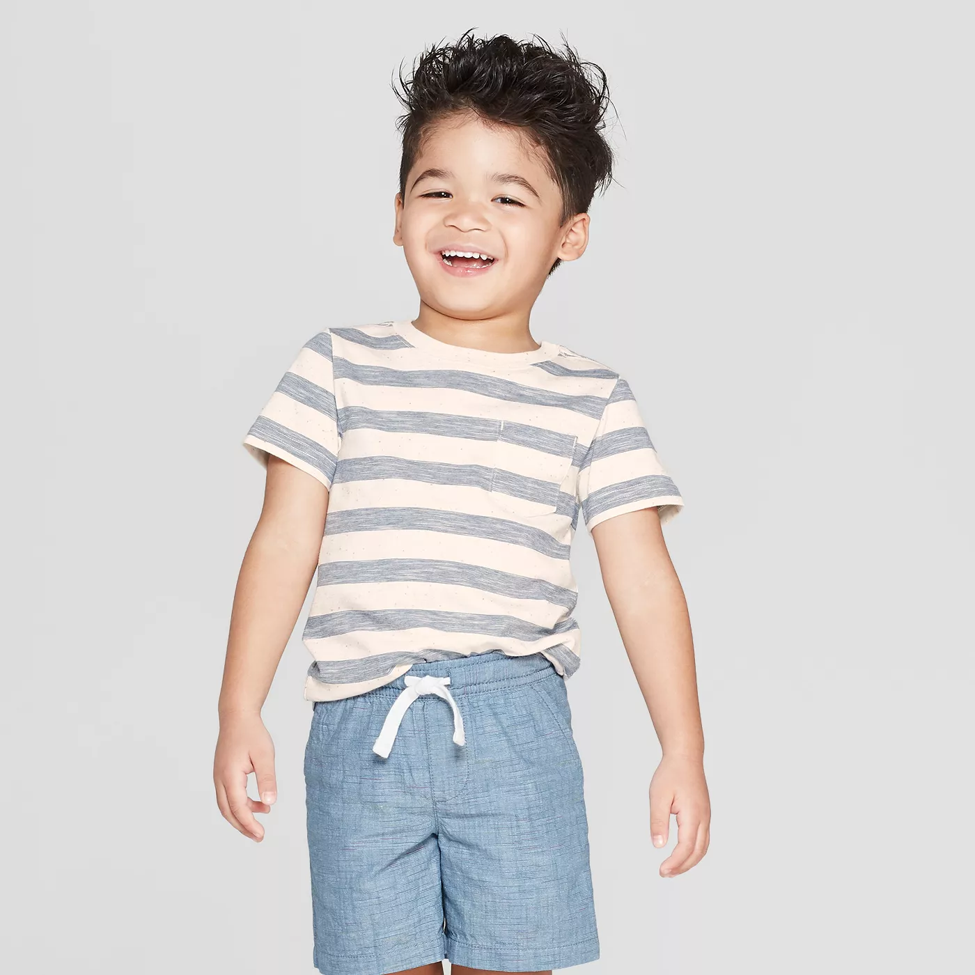 Toddler Boys' Short Sleeve Nep Striped Pocket T-Shirt - Cat & Jack™ Cream/Gray - image 1 of 10