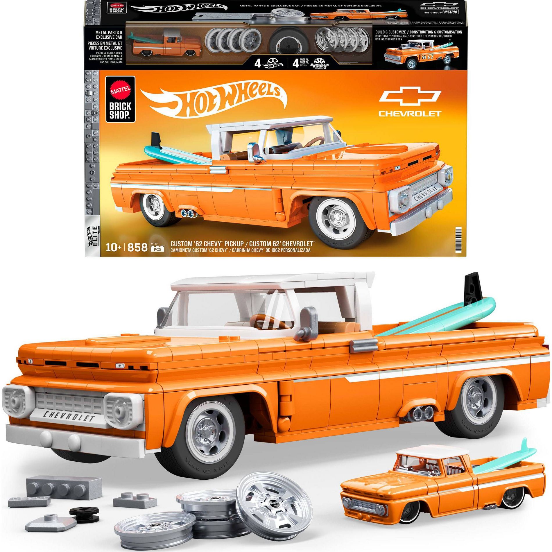Mattel Brick Shop Hot Wheels Custom 62 Chevy Pickup Building Toy Kit for Collectors - 858pc