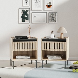 2 pcs Nightstands, Bedside Cabinet End Table Side Table with Iron Foot and Vertical Stripe Design for Bedrooms, Natural -ModernLuxe - 1 of 4