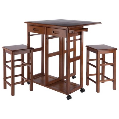 Teak 3-Piece Space Saver Drop Leaf Dining Set with Stools