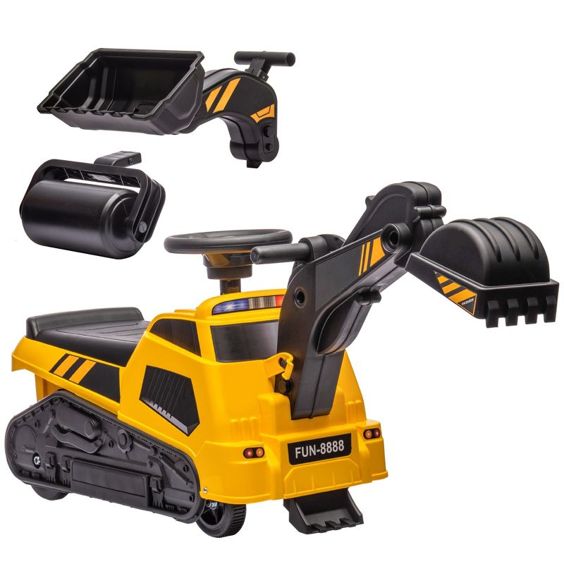 Aosom 3 in 1 Ride on Excavator Bulldozer Road Roller, No Power Ride on Construction Pretend Play with Music, for 18-48 Months, Yellow, 1 of 7