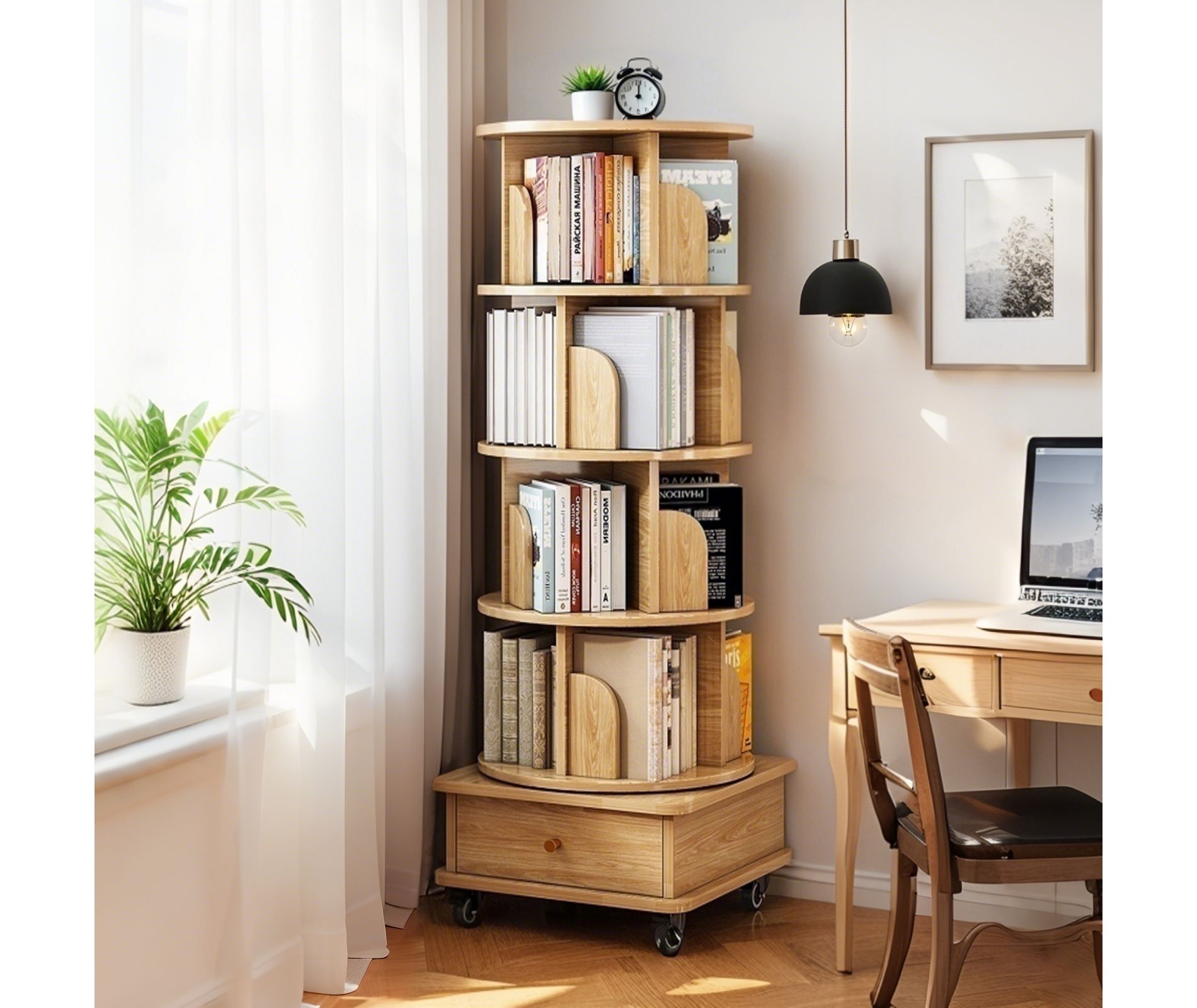 KTMBDW Wood Rotating Bookshelf on Wheels, 360° Spinning Book Shelf Tower with Drawer for Small Spaces, Corner, White