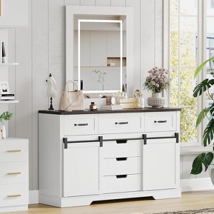 Acekool 6 Drawer White Dresser, Farmhouse Vanity Chest with Sliding Barn Doors, Makeup Organizer for Bedroom, Living Room - 1 of 4