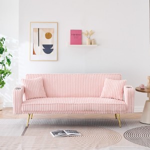 SKRAN White Corduroy Sofa with Pillows Straight-Row Design,Compact Study Sofa, Durable Fabric Upholstery for Home Office or Lounge - 1 of 4