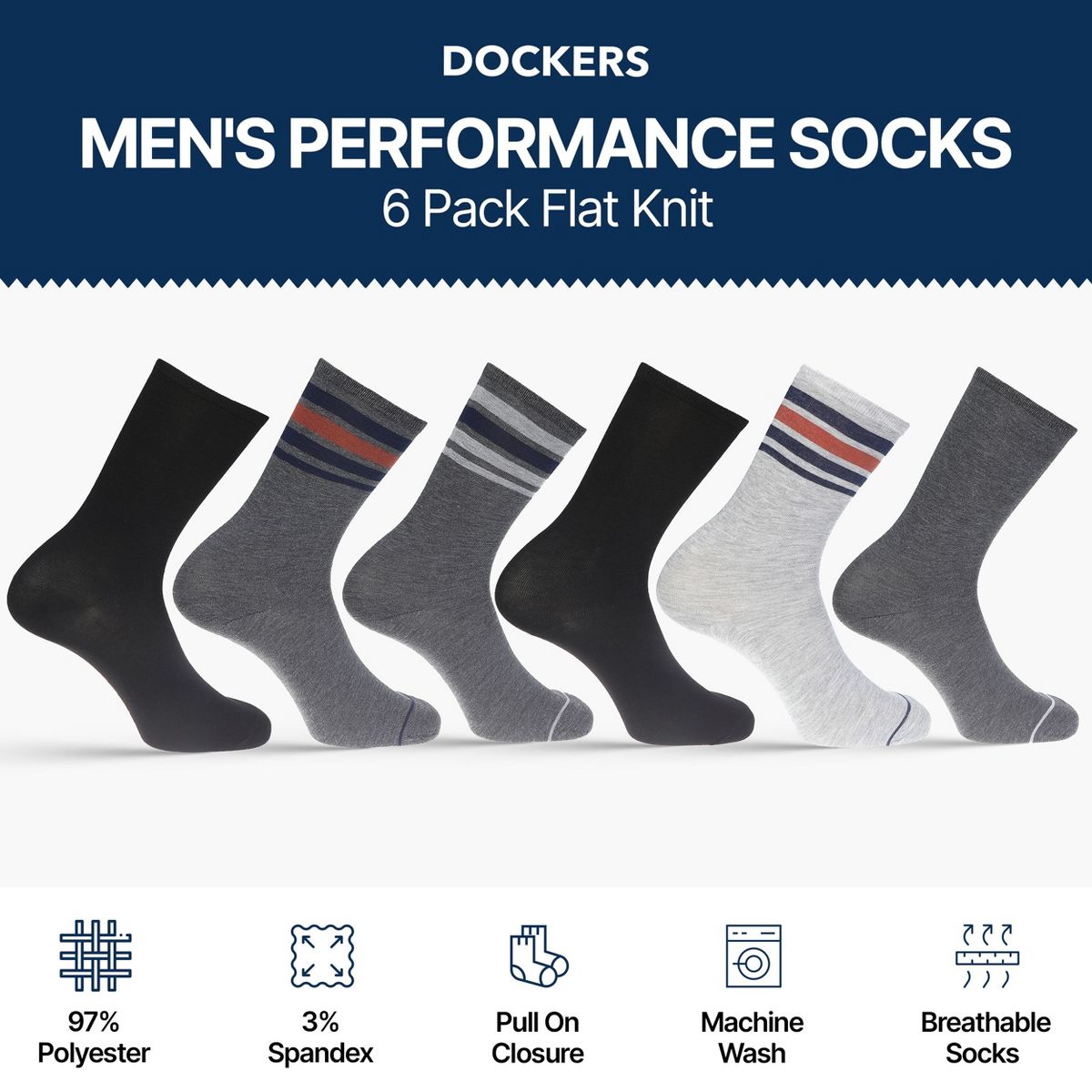 Dockers Men's Socks & Hosiery - 6-Pack Flat Knit Athletic and Dress Crew Socks for Men, Black - thumbnail 10