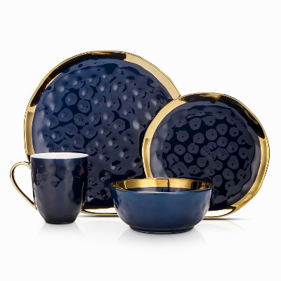 Navy Blue and Gold Porcelain 16-Piece Dinnerware Set
