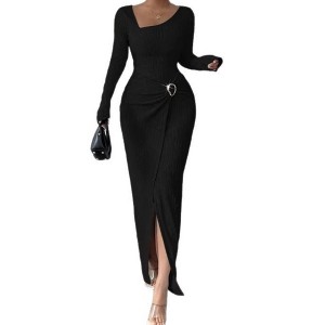 YESFASHION Women Asymmetric Square Neck Ruched Buckle Slit Long