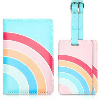 Zodaca RFID Rainbow Passport Holder with 2 Luggage Tags for Women and Girls, Travel Wallet Accessories Set