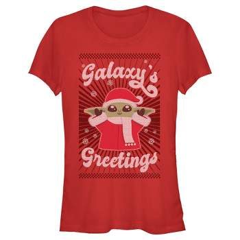 Juniors Womens Star Wars: The Mandalorian Christmas Grogu Galaxy's Greetings Cute T-Shirt