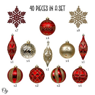 40-Piece Red and Gold Glitter Shatterproof Christmas Ornament Set