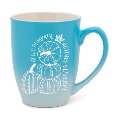 Elanze Designs Hello Pumpkin Autumn Blessings Two Toned Ombre Matte Teal and White 12 ounce Ceramic Stoneware Coffee Cup Mug