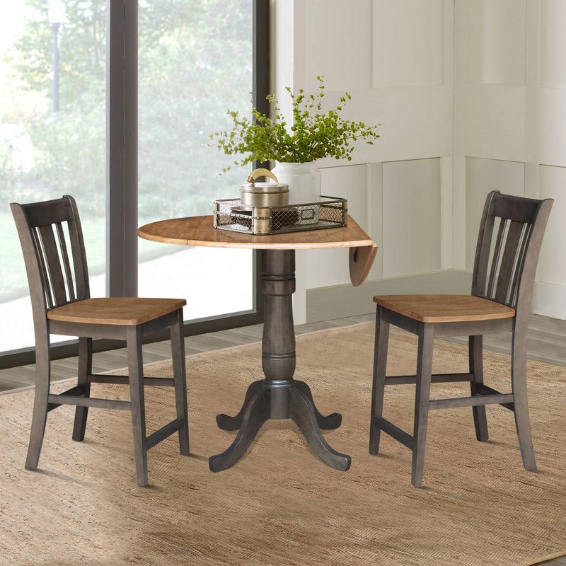 3pc 42&#34; Round Dual Drop Leaf Counter Height Dining Table with 2 Splat Back Stools Hickory/Washed Coal - International Concepts, 4 of 11