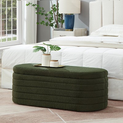 43" Oval Teddy Upholstered Storage Bench, Boucle Ottoman with Hidden Storage and Safety Hinge for Bedroom, Entryway or End of Bed - Cuddlewood