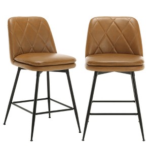 Beautyolove 29 in. Brown Metal Frame Bar Height Swivel Bar Stool with Faux Leather Seat (Set of 2) - 1 of 4
