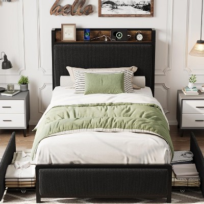 Twin Size Bed Frame with Headboard,Upholstered Platform with 2 Storage Drawers and Charging Station,No Box Spring Needed