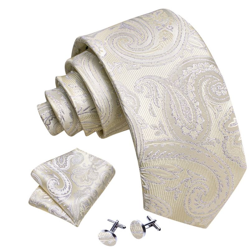Men's Silver And Yellow Paisley 100% Silk Neck Tie With Matching Hanky And Cufflinks Set, 1 of 4