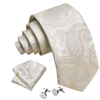 Men's Silver And Yellow Paisley 100% Silk Neck Tie With Matching Hanky And Cufflinks Set