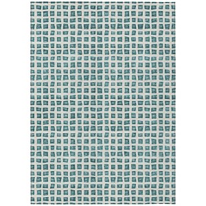 Teal Blue And Ivory Geometric Washable Indoor Outdoor Area Rug - 1 of 4