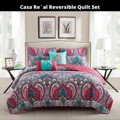 Multicolor Paisley and Damask Reversible Full Microfiber Quilt Set