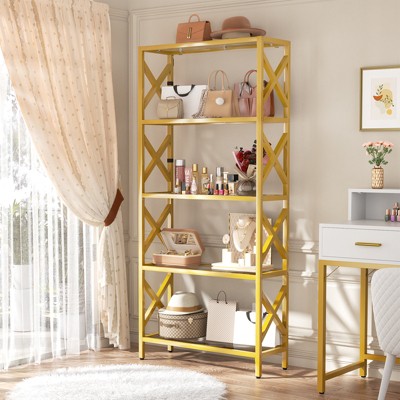 Aheaplus 3 Tier Bookshelf with Tempered Glass Shelf, Metal Frame Storage Shelf with LED Light