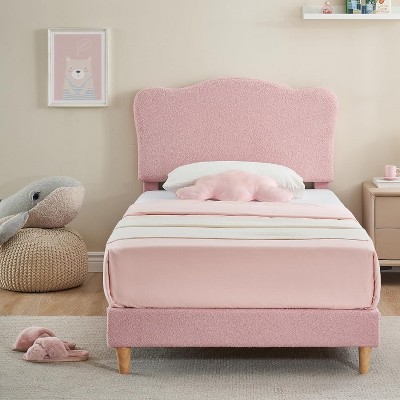 2-Pack Cute Pink Velvet Twin Bed Frame for Kids, Upholstered Headboard, Wood & Metal Support, No Box Spring, Easy Assembly, Noise Free