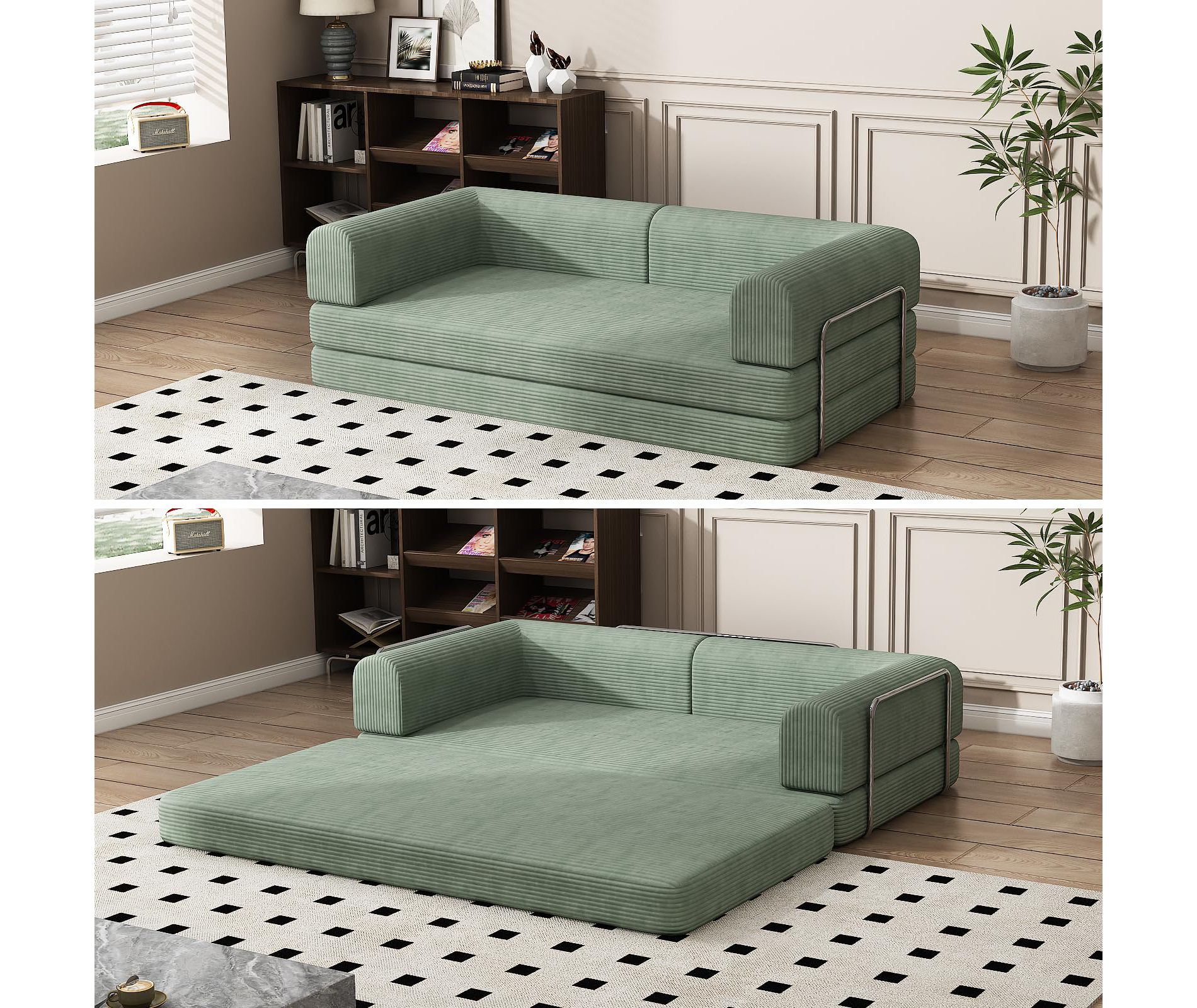 Convertible Corduroy Sleeper Sofa Bed,Folding Mattress Couch with Fixed-Shape Frame, 3 Seater Fold Out King Size Futon,No Assembly Floor Couch