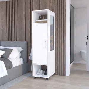 Gulches Modern 63" Tall Wardrobe One-Door Cabinet with Mirror, 3 Shelves, Casters, Hanging Rod, White - 1 of 4