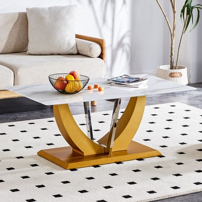 NicBex Modern Minimalist Tempered Glass Coffee Table for Living Room,Irregular Wooden MDF Legs & Stainless Steel Decorative Columns
