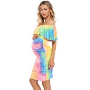 Maternity Outfits Women's Maternity Dress Off Shoulder Casual Maxi Dress Rainbow Maternity Dress  (XL,Pink&Blue) - 1 of 1