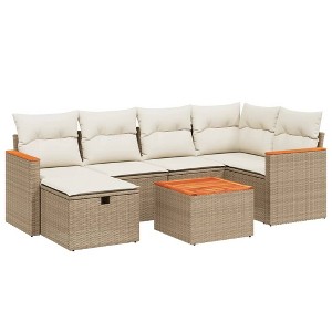 vidaXL 7 Piece Patio Sofa Set with Cushions Beige Poly Rattan - Beige and Cream Without Storage 6 Items - 1 of 4
