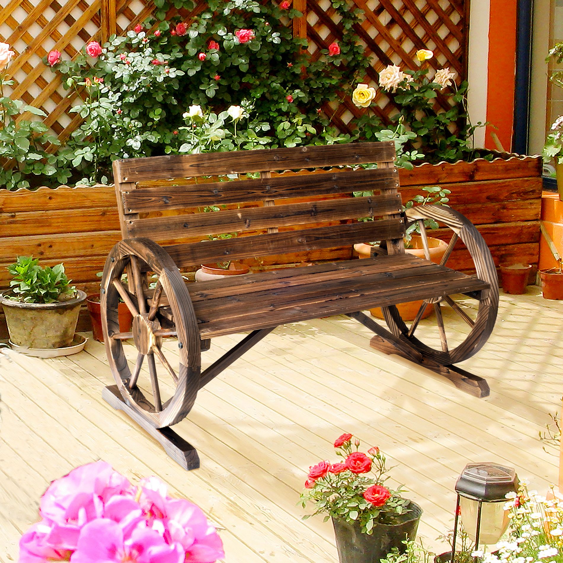 GDFStudio Ansel Patio Rustic Wooden Wagon Wheel Slatted Bench, Brown