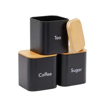 Juvale Coffee Tea Sugar Container Set - Black Iron Kitchen Canister Set with Bamboo Lids (3 Pieces, 48 oz)