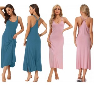 INSPIRE CHIC Women's 2 Pcs Pajama Dress Sleeveless Backless Full Slip Camisole U Neck Midi Nightgowns - 1 of 4