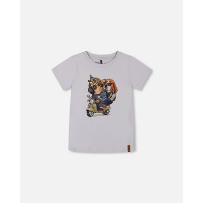 Deux par Deux Boy Organic Cotton Graphic Tee Pale Blue and Puppies