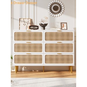 6 Drawer Dresser for Bedroom, Rattan Chest of Drawers w/ Deep Drawers Large Modern Double Dresser for Closet w/ Wide Top Horizontal Wooden Dresser - 1 of 4