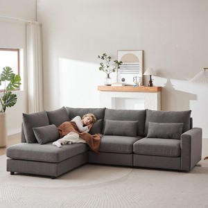100.2” Convertible L-Shaped Linen Sofa with Ottoman - Plastic Legs, 5 Cushions, 4 Lumbar Pillows, Comfortable Combo for Living Room - 1 of 4