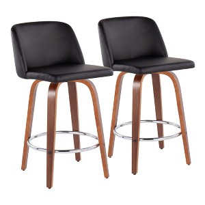 26" 360° Swivel Counter Stools with Wood Legs, Padded Upholstered Seat, and Round Footrest (Set of 2) - 1 of 4