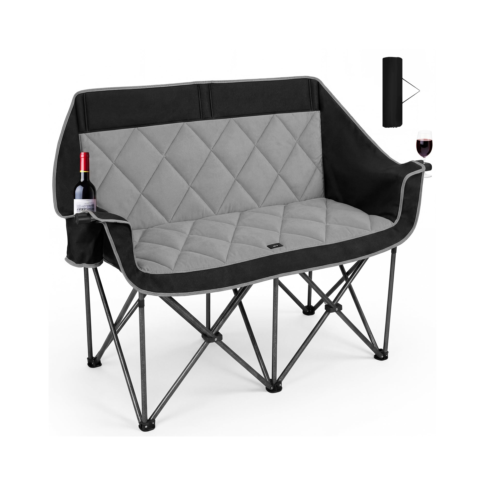 SUNSPIRE Double Oversized Camping Chair Folding Loveseat Padded Camping Couch with Cup Holder for Outdoor Beach Sports Fishing Black And Grey