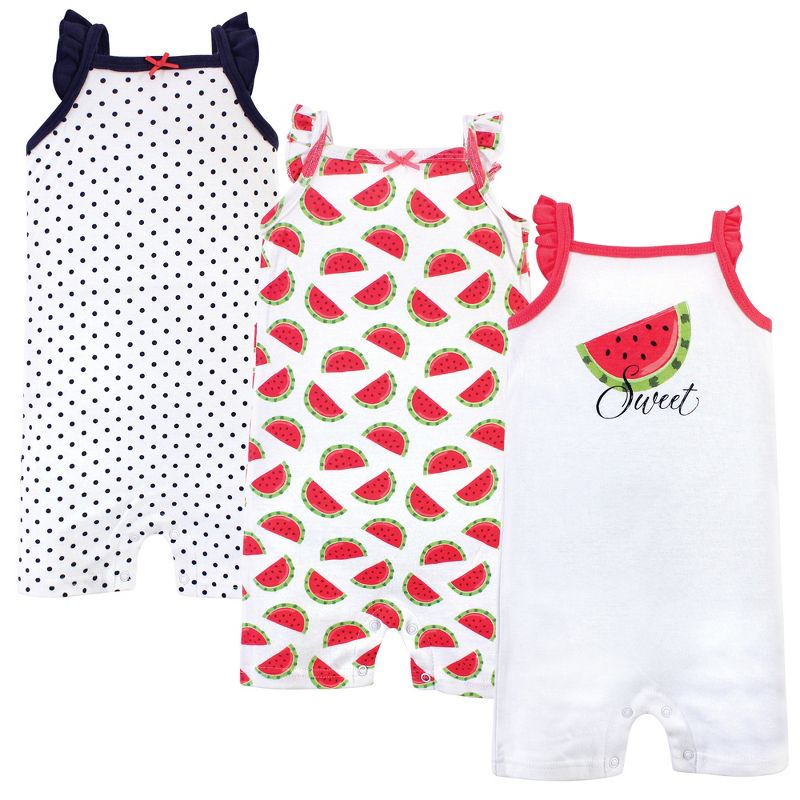Hudson Baby Infant Girl Cotton Rompers 3pk, Watermelon, 1 of 6