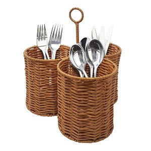 KOVOT Poly-Wicker Woven Cutlery Storage Organizer Caddy Tote Bin Basket for Kitchen Table, Measures 8.5"W x 5"H - Brown - 1 of 2