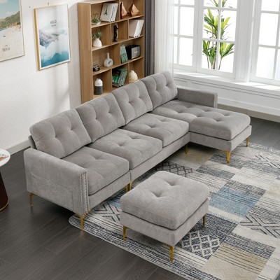 110.6" L-Shape Convertible Sectional Sofa with Ottoman - Velvet Upholstered, Storage Pockets & Adjustable Configurations