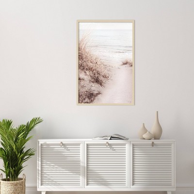 Serene Ocean View Light Brown Wood Framed Vertical Wall Art Print