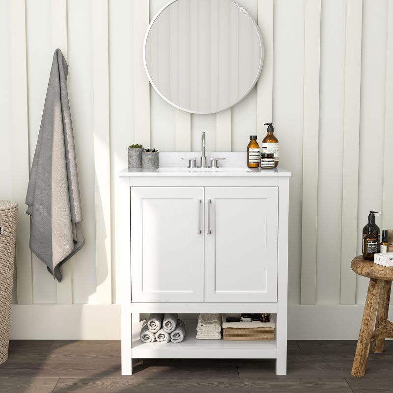 Merrick Lane Bathroom Vanity with Ceramic Sink, Carrara Marble Finish Countertop, Storage Cabinet with Soft Close Doors and Open Shelf, 2 of 13