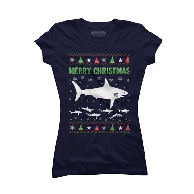 Junior's Design By Humans Shark Christmas By sophialada T-Shirt