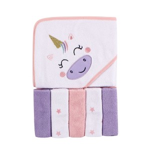 Luvable Friends Baby Girl Hooded Towel with Five Washcloths, Unicorn, One Size - 1 of 1