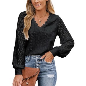 Coolmee Women's Long Sleeve Tops Eyelet Scalloped Lace V Neck Blouse Casual Loose Fashion Shirts - 1 of 4