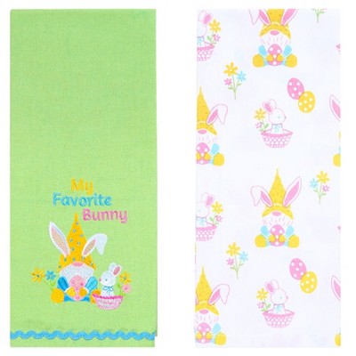 The Lakeside Collection Embroidered Kitchen Towels Gnome & Bunnies Set of 2