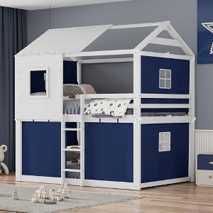 Racxily Bunk Wood House Bed with Tent - 1 of 4