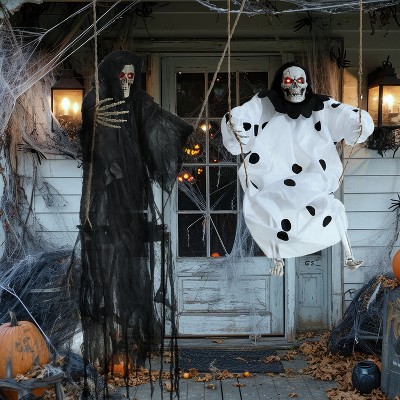 Joyfy 2 Packs Hanging Ghosts Halloween Outdoor Decoration, 3FT Grim Reaper Swinging Flying Skeleton with Lighted Up Eyes for Yard Patio Lawn Garden